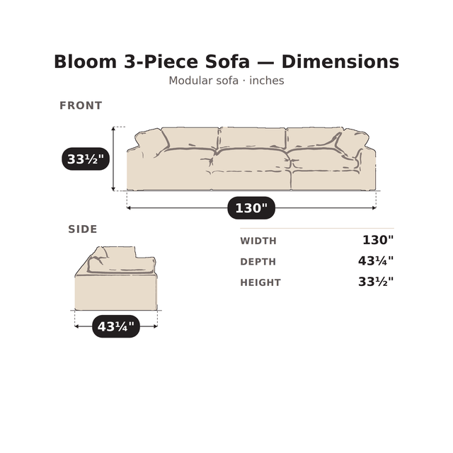Bloom 3-Piece Sofa dimensions: 130 in. W x 43 1/4 in. D x 33 1/2 in. H