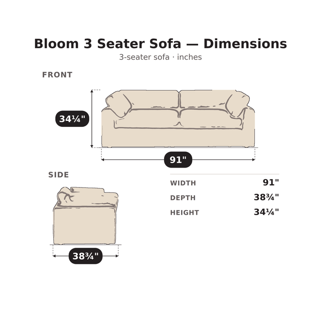 Bloom 3 Seater Sofa dimensions: 91 in. W x 38 3/4 in. D x 34 1/4 in. H