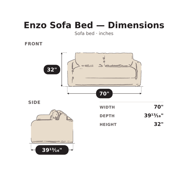 Enzo Sofa Bed dimensions: 70 in. W x 39 13/16 in. D x 32 in. H