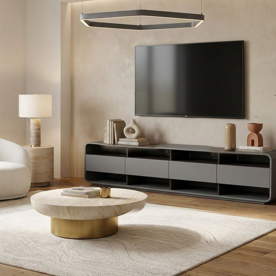Milo TV Stand in Graphite styled in a living room