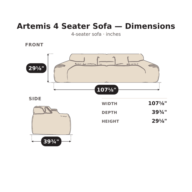 Artemis 4 Seater Sofa dimensions: 107 1/8 in. W x 39 3/4 in. D x 29 1/8 in. H