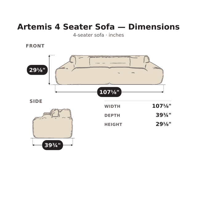 Artemis 4 Seater Sofa dimensions: 107 1/8 in. W x 39 3/4 in. D x 29 1/8 in. H
