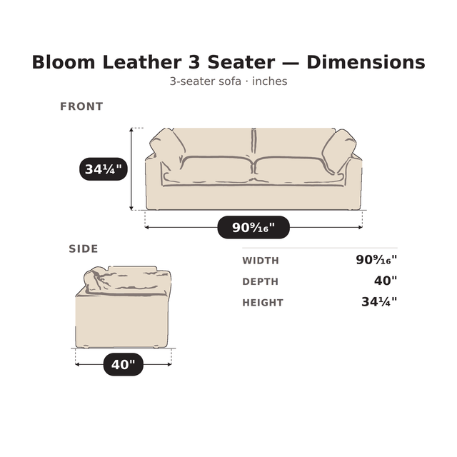Bloom Leather 3 Seater dimensions: 90 9/16 in. W x 40 in. D x 34 1/4 in. H