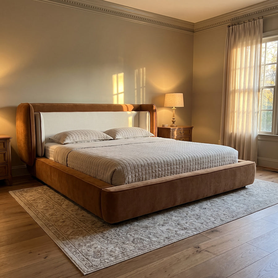 Cognac and off-white wingback bed in a traditional Southern bedroom with wall molding, warm late-afternoon light through sheers.
